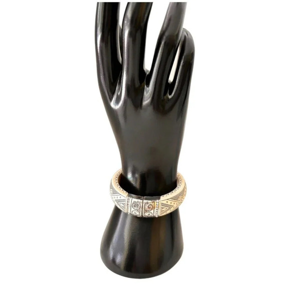 Brighton Vintage Tribal Wood Bangle Bracelet Tan Black Tiki Hinged Opening - Picture 3 of 5